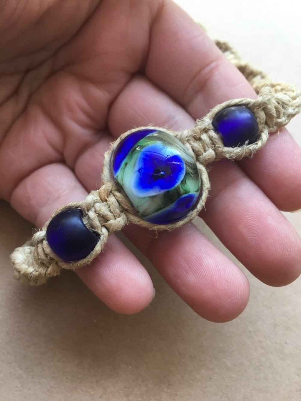 Handmade Hemp Necklace, Hand blown glass beads 1990s